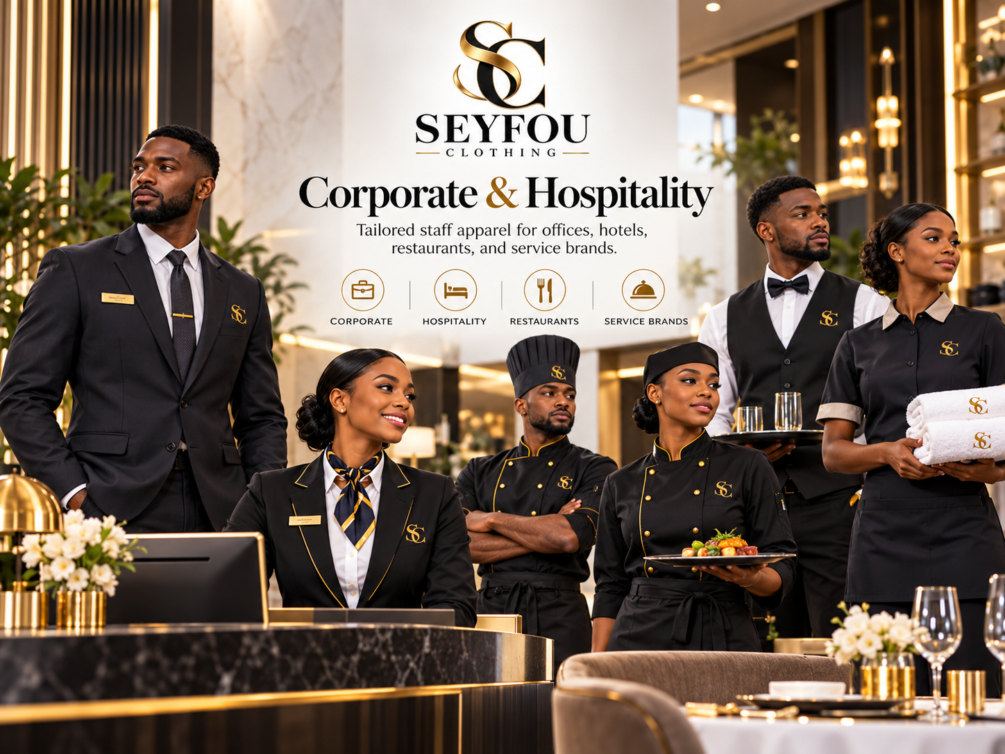 Seyfou Clothing corporate and hospitality uniforms — tailored staff apparel for offices, hotels, restaurants and service brands